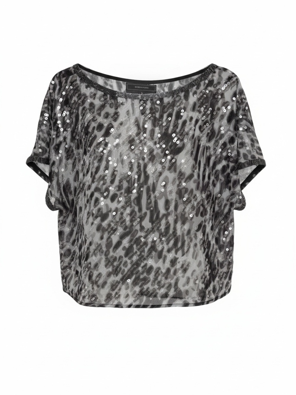 BCBG 100% Silk Sequin Leopard Print Mesh Top - Black, M